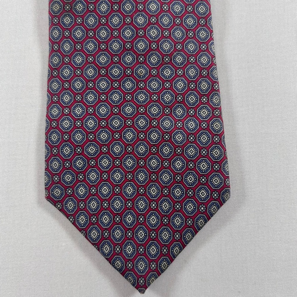 Christian Dior Necktie Men Red Blue Geometric Medallion 100% Silk Italian Fabric
